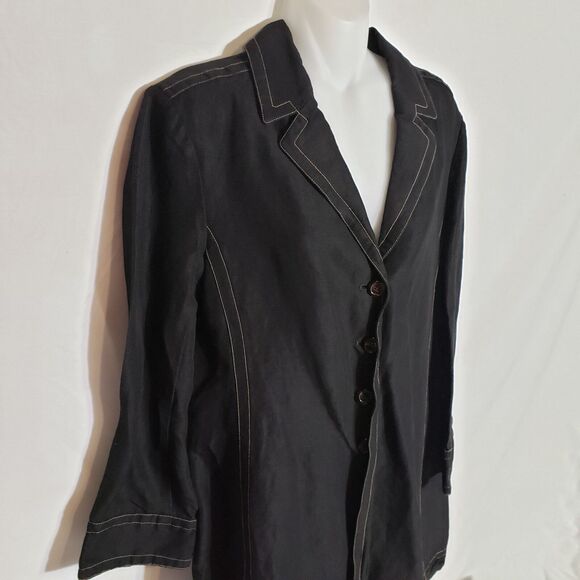 Rena Rowan Womens Size 8 Black Jacket Yellow Top Stitching 4 Buttons Linen Blend - Picture 3 of 12